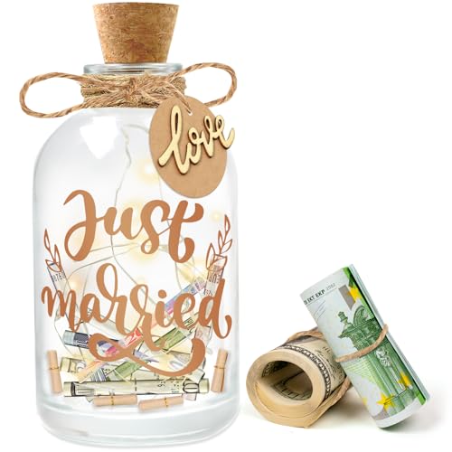 LED Flaschenlicht Hochzeitsgeschenke Geld für Brautpaar, Geldgeschenke Hochzeit Verpackungen, Hochzeitskasse Spardose Personalisiert Geschenke (Just Married) von Brmeday
