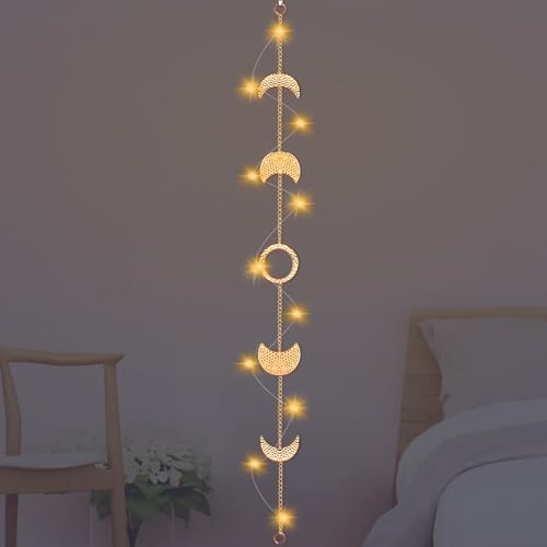 Mondphasen Girlande Wanddeko, Gold Boho Mondzyklus Dekor, Boho Mond Wandkunst, Wanddeko Boho Aesthetic Room Ramadan Decor Wohnzimmer, Schlafzimme, Indoor, 89cm 7 Monde, mit LED Lichterkette von Brmeday