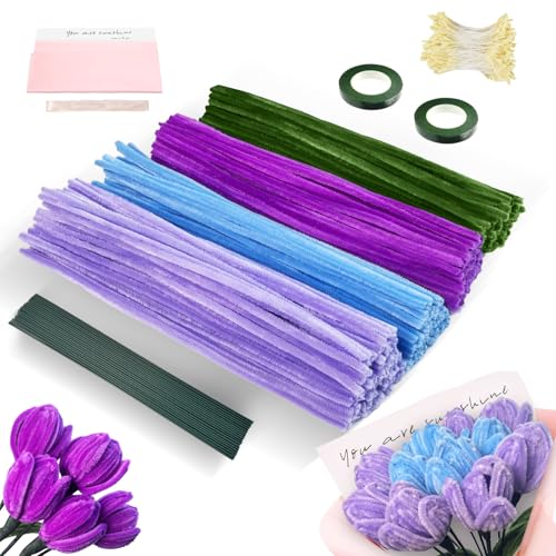 Pfeifenreiniger Blumen Set, 425 Stück Pfeifenputzer Zum Basteln 4 Farben Pipe Cleaner mit 25 Stück Grünem Bastelfaden, Staubgefäße, Geschenkband, Klebeband, DIY von Brmeday