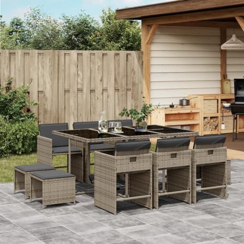 Brokky 11-TLG. Garten-Essgruppe mit Kissen GartenmöBel Set Gartenset Tisch Und StüHle Essgruppe Outdoor Grau Poly Rattan / 3277915 von Brokky