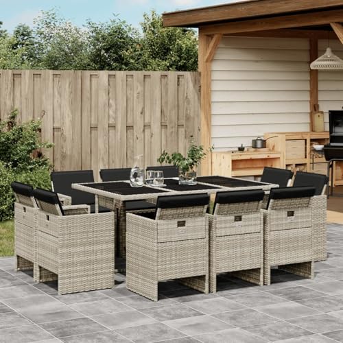 Brokky 11-TLG. Garten-Essgruppe mit Kissen GartenmöBel Set Gartenset Tisch Und StüHle Essgruppe Outdoor Hellgrau Poly Rattan / 3210671 von Brokky
