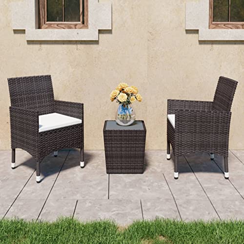 Brokky 3-TLG. Bistro-Set Poly Rattan und Hartglas Braun Wetterfest Balkon Terrasse Bistro Garten Möbel Sitzgruppe Essgruppe Garnitur Set von Brokky