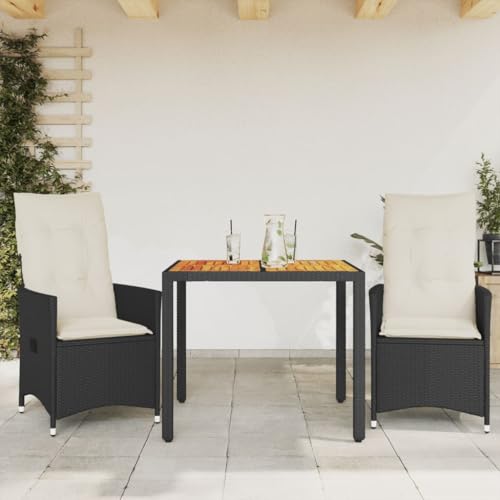 Brokky 3-TLG. Bistro-Set mit Kissen Gartenset Tisch Und StüHle Bistrotisch Outdoor Balkon MöBel Set Schwarz Poly Rattan und Akazie von Brokky