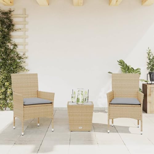 Brokky 3-TLG. Bistro-Set mit Kissen Sitzgruppe Balkon BalkonmöBel Balkontisch Set BistromöBel Beige Poly Rattan und Glas / 3278743 von Brokky