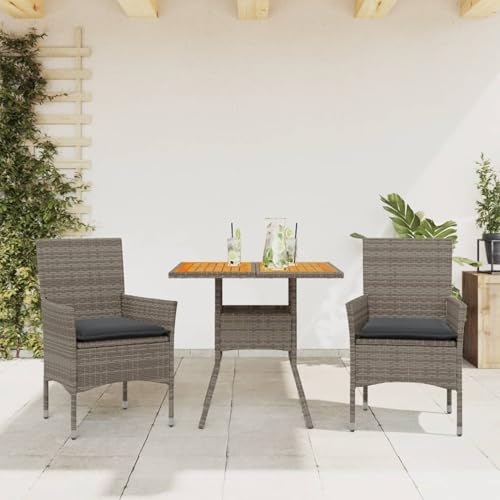 Brokky 3-TLG. Garten-Essgruppe mit Kissen GartenmöBel Set Garten Sitzgruppe Balkon MöBel Set Grau Poly Rattan Akazie / 3278713 von Brokky