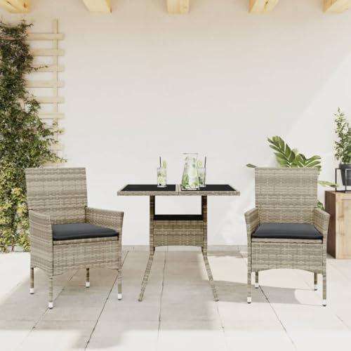 Brokky 3-TLG. Garten-Essgruppe mit Kissen GartenmöBel Set Garten Sitzgruppe Balkon MöBel Set Hellgrau Poly Rattan Glas von Brokky