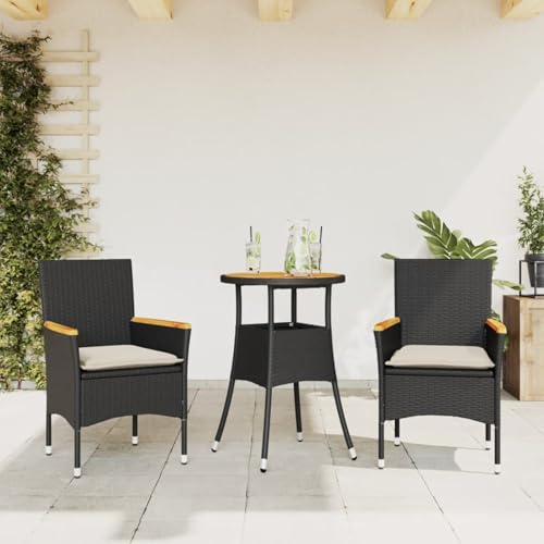 Brokky 3-TLG. Garten-Essgruppe mit Kissen GartenmöBel Set Garten Sitzgruppe Balkon MöBel Set Schwarz Poly Rattan Akazie / 3278717 von Brokky
