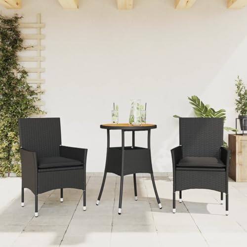 Brokky 3-TLG. Garten-Essgruppe mit Kissen GartenmöBel Set Garten Sitzgruppe Balkon MöBel Set Schwarz Poly Rattan Akazie / 3278729 von Brokky