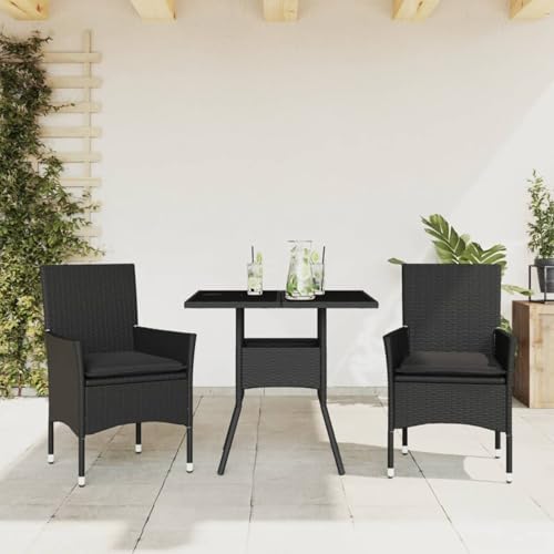 Brokky 3-TLG. Garten-Essgruppe mit Kissen GartenmöBel Set Garten Sitzgruppe Balkon MöBel Set Schwarz Poly Rattan Glas / 3278601 von Brokky
