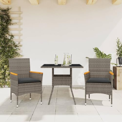 Brokky 3-TLG. Garten-Essgruppe mit Kissen Sitzgruppe Outdoor TerrassenmöBel Terrassen-Sitzgruppe Garten-Essgruppe Grau Poly Rattan und Glas von Brokky
