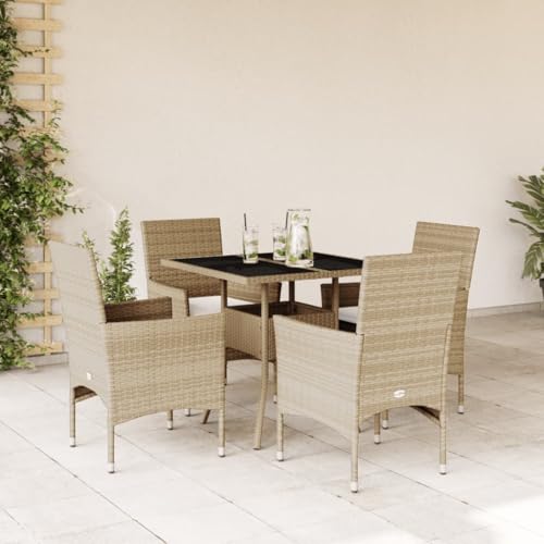 Brokky 5-TLG. Garten-Essgruppe mit Kissen GartenmöBel TerrassenmöBel Garten Sitzgruppe Essgruppe Garten MöBel Set Beige Poly Rattan und Glas / 3278610 von Brokky