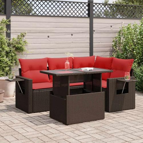 Brokky 5-TLG. Garten-Sofagarnitur mit Kissen Garten LoungemöBel Set Lounge Set Outdoor Garden Sofas Grau Poly Rattan Akazie / 3326475 von Brokky