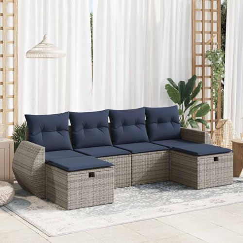 Brokky 6-TLG. Garten-Sofagarnitur mit Kissen Garten LoungemöBel Set Lounge Set Outdoor Garden Sofas Garten Sofa Outdoor Grau Poly Rattan / 3325627 von Brokky