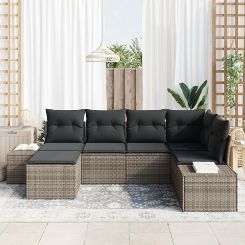 Brokky 6-TLG. Garten-Sofagarnitur mit Kissen Garten LoungemöBel Set Lounge Set Outdoor Garden Sofas Garten Sofa Outdoor Grau Poly Rattan / 3347129 von Brokky