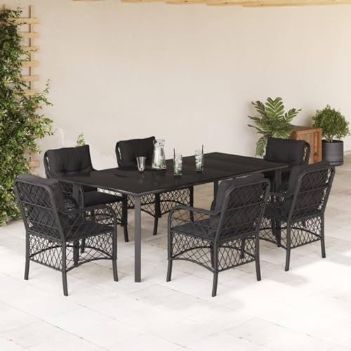 Brokky 7-TLG. Garten-Essgruppe mit Kissen Garten Essgruppe Outdoor MöBel Gartenlounge Outdoor Lounge MöBel Outdoor Schwarz Poly Rattan / 3212108 von Brokky