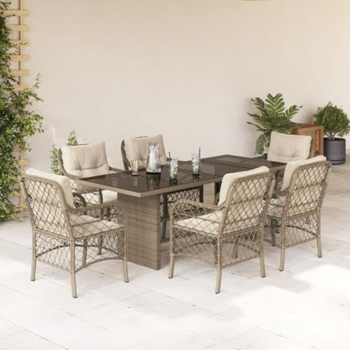 Brokky 7-TLG. Garten-Essgruppe mit Kissen GartenmöBel TerrassenmöBel Garten Sitzgruppe Essgruppe Garten MöBel Set Beige Poly Rattan / 3212062 von Brokky