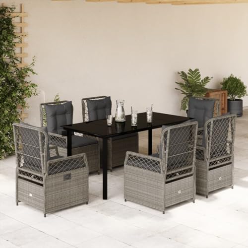 Brokky 7-TLG. Garten-Essgruppe mit Kissen Gartenset Tisch Und StüHle GartenmöBel Set Garden Furniture Essgruppe Outdoor Hellgrau Poly Rattan / 3263038 von Brokky