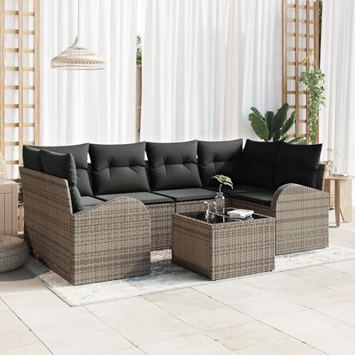Brokky 7-TLG. Garten-Sofagarnitur mit Kissen Garten LoungemöBel Set Lounge Set Outdoor Garden Sofas Garten Sofa Outdoor Grau Poly Rattan / 3345939 von Brokky