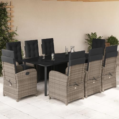 Brokky 9-TLG. Garten-Essgruppe mit Kissen Gartenlounge Outdoor Garten Essgruppe Gartentisch Set Garten Sitzgruppe Grau Poly Rattan / 3212569 von Brokky