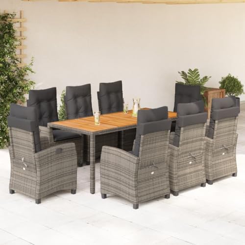 Brokky 9-TLG. Garten-Essgruppe mit Kissen Gartenlounge Outdoor Garten Essgruppe Gartentisch Set Garten Sitzgruppe Grau Poly Rattan / 3212678 von Brokky