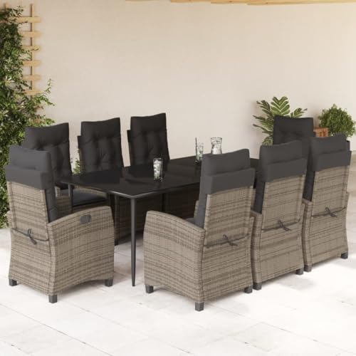 Brokky 9-TLG. Garten-Essgruppe mit Kissen Gartenlounge Outdoor Garten Essgruppe Gartentisch Set Garten Sitzgruppe Grau Poly Rattan / 3212791 von Brokky