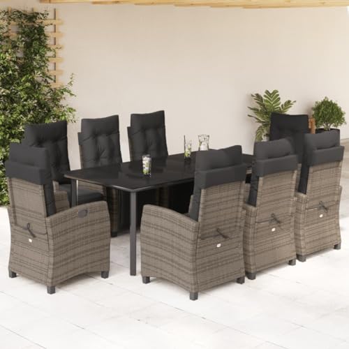 Brokky 9-TLG. Garten-Essgruppe mit Kissen Gartenlounge Outdoor Garten Essgruppe Gartentisch Set Garten Sitzgruppe Grau Poly Rattan / 3213001 von Brokky
