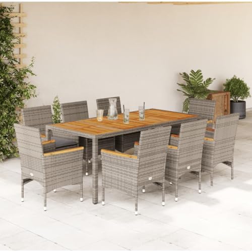 Brokky 9-TLG. Garten-Essgruppe mit Kissen GartenmöBel TerrassenmöBel Garten Sitzgruppe Essgruppe Garten MöBel Set Grau Poly Rattan Akazie von Brokky