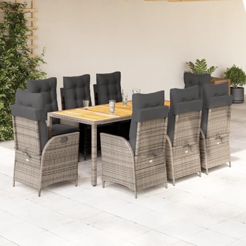 Brokky 9-TLG. Garten-Essgruppe mit Kissen Gartenset Tisch Und StüHle GartenmöBel Set Garden Furniture Essgruppe Outdoor Grau Poly Rattan / 3213111 von Brokky