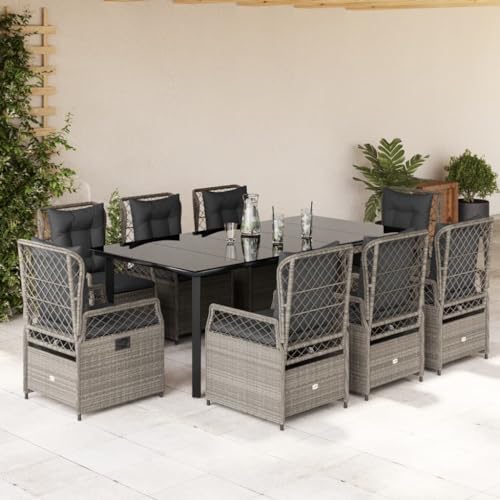 Brokky 9-TLG. Garten-Essgruppe mit Kissen Gartenset Tisch Und StüHle GartenmöBel Set Garden Furniture Essgruppe Outdoor Hellgrau Poly Rattan / 3263040 von Brokky