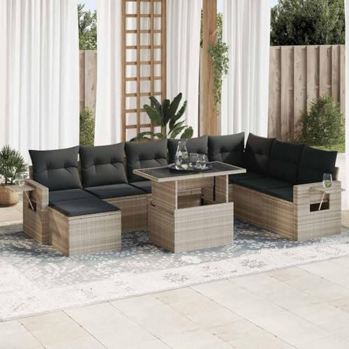 Brokky 9-TLG. Garten-Sofagarnitur mit Kissen Balkonsofa LoungemöBel TerrassenmöBel Outdoor Sofa Garten LoungemöBel Set Hellgrau Poly Rattan / 3326533 von Brokky