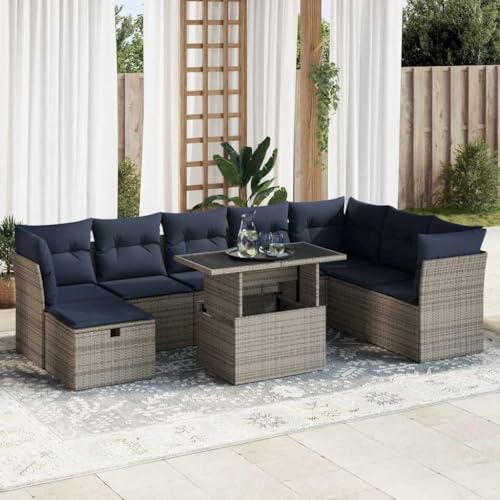 Brokky 9-TLG. Garten-Sofagarnitur mit Kissen Garten Set MöBel Lounge MöBel Outdoor Lounge Sofa Outdoor Grau Poly Rattan Akazie / 3327801 von Brokky