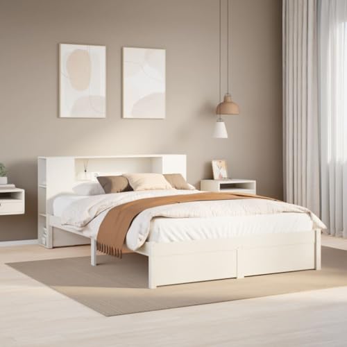 Brokky Massivholzbett mit Regal ohne Matratze Bed Frame Bett Mit Regal Bettgestell Holzbett Bettrahmen Weiß 140x200 cm Kiefer / 3322360 von Brokky