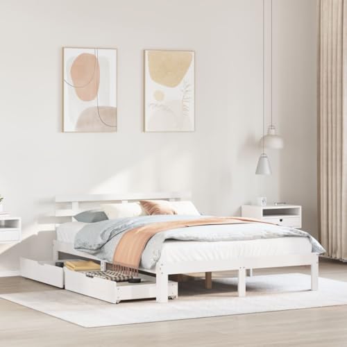 Brokky Massivholzbett mit Schubladen Bett Mit Stauraum Betten Bett Mit Schubladen Massivholzbett Weiß 135x190 cm Kiefer / 3302001 von Brokky