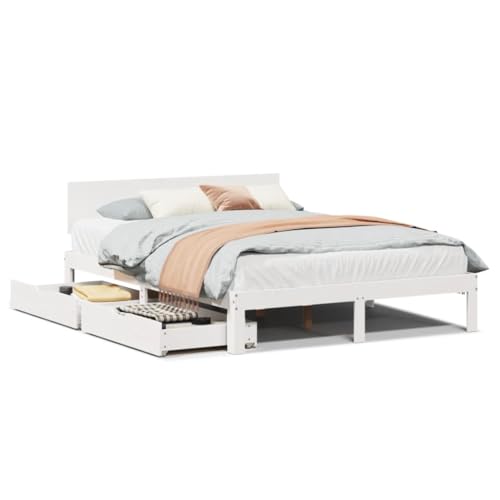 Brokky Massivholzbett mit Schubladen Bett Mit Stauraum Betten Bett Mit Schubladen Massivholzbett Weiß 140x190 cm Kiefer / 3301977 von Brokky