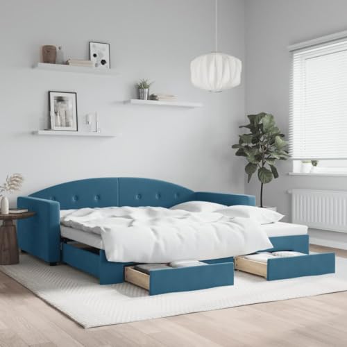 Brokky Tagesbett Ausziehbar mit Schubladen Bett Mit Stauraum Tagesbett Bett Mit Schubladen Schubladenbett Blau 100x200 cm Samt / 3197355 von Brokky