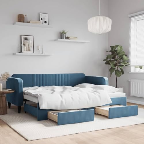 Brokky Tagesbett Ausziehbar mit Schubladen Bett Mit Stauraum Tagesbett Bett Mit Schubladen Schubladenbett Blau 80x200 cm Samt / 3197103 von Brokky