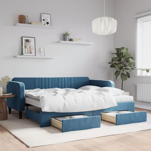 Brokky Tagesbett Ausziehbar mit Schubladen Bett Mit Stauraum Tagesbett Bett Mit Schubladen Schubladenbett Blau 90x200 cm Samt / 3197134 von Brokky