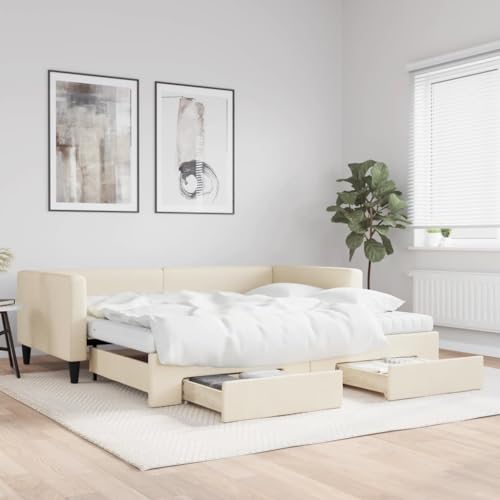 Brokky Tagesbett Ausziehbar mit Schubladen Bett Mit Stauraum Tagesbett Bett Mit Schubladen Schubladenbett Creme 100x200 cm Stoff / 3196641 von Brokky