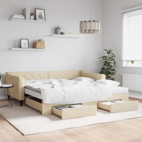 Brokky Tagesbett Ausziehbar mit Schubladen Bett Mit Stauraum Tagesbett Bett Mit Schubladen Schubladenbett Creme 100x200 cm Stoff / 3197489 von Brokky