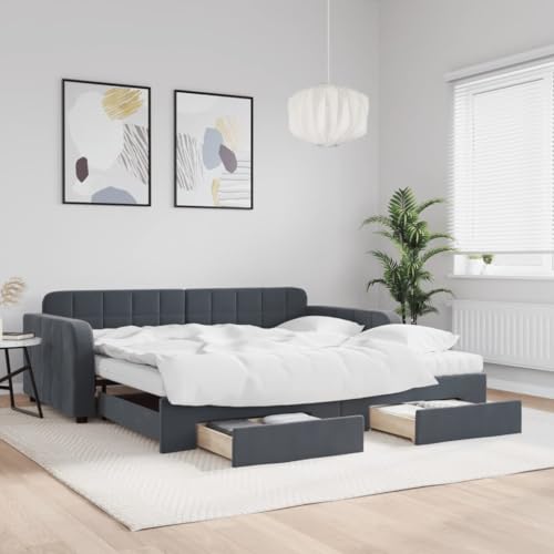 Brokky Tagesbett Ausziehbar mit Schubladen Bett Mit Stauraum Tagesbett Bett Mit Schubladen Schubladenbett Dunkelgrau 100x200 cm Samt / 3197009 von Brokky
