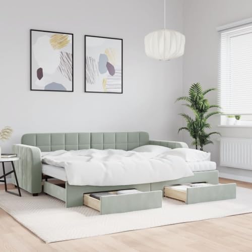 Brokky Tagesbett Ausziehbar mit Schubladen Bett Mit Stauraum Tagesbett Bett Mit Schubladen Schubladenbett Hellgrau 80x200 cm Samt / 3196994 von Brokky