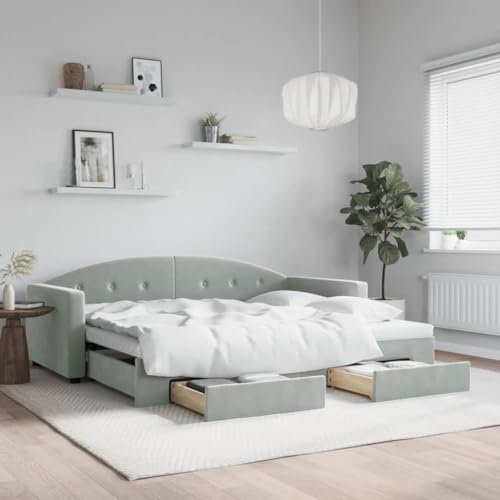Brokky Tagesbett Ausziehbar mit Schubladen Bett Mit Stauraum Tagesbett Bett Mit Schubladen Schubladenbett Hellgrau 90x190 cm Samt / 3197362 von Brokky