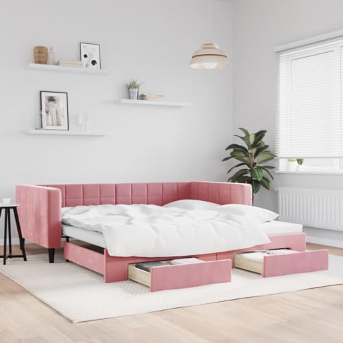 Brokky Tagesbett Ausziehbar mit Schubladen Bett Mit Stauraum Tagesbett Bett Mit Schubladen Schubladenbett Rosa 100x200 cm Samt / 3196749 von Brokky