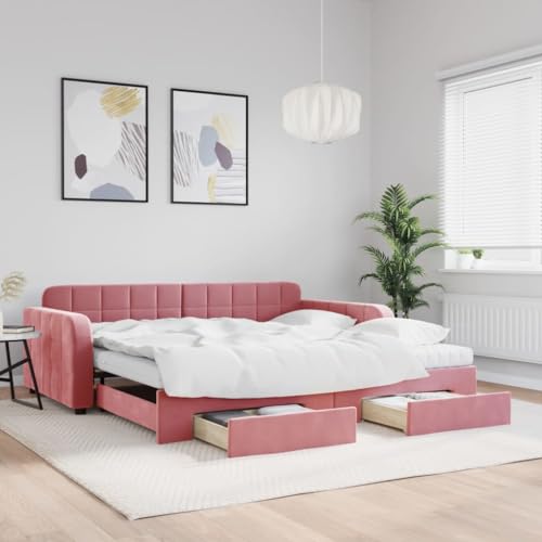Brokky Tagesbett Ausziehbar mit Schubladen Bett Mit Stauraum Tagesbett Bett Mit Schubladen Schubladenbett Rosa 100x200 cm Samt / 3197011 von Brokky