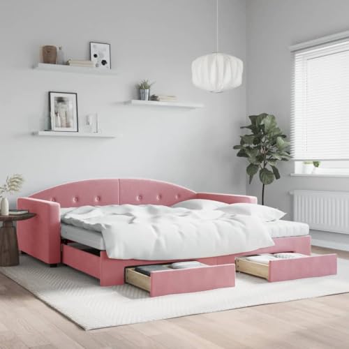 Brokky Tagesbett Ausziehbar mit Schubladen Bett Mit Stauraum Tagesbett Bett Mit Schubladen Schubladenbett Rosa 100x200 cm Samt / 3197383 von Brokky