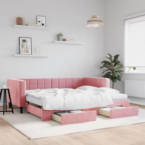 Brokky Tagesbett Ausziehbar mit Schubladen Bett Mit Stauraum Tagesbett Bett Mit Schubladen Schubladenbett Rosa 90x200 cm Samt / 3196766 von Brokky
