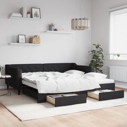 Brokky Tagesbett Ausziehbar mit Schubladen Bett Mit Stauraum Tagesbett Bett Mit Schubladen Schubladenbett Schwarz 100x200 cm Stoff / 3197469 von Brokky
