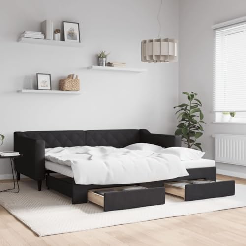 Brokky Tagesbett Ausziehbar mit Schubladen Bett Mit Stauraum Tagesbett Bett Mit Schubladen Schubladenbett Schwarz 90x190 cm Stoff / 3197474 von Brokky