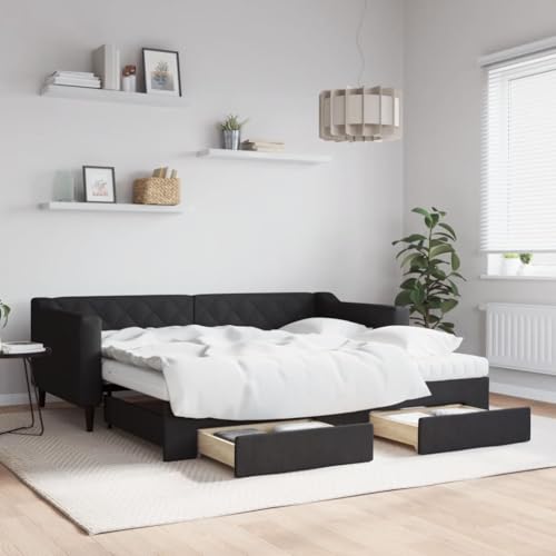 Brokky Tagesbett Ausziehbar mit Schubladen Bett Mit Stauraum Tagesbett Bett Mit Schubladen Schubladenbett Schwarz 90x190 cm Stoff / 3197492 von Brokky