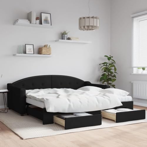 Brokky Tagesbett Ausziehbar mit Schubladen Bett Mit Stauraum Tagesbett Bett Mit Schubladen Schubladenbett Schwarz 90x190 cm Stoff / 3197578 von Brokky